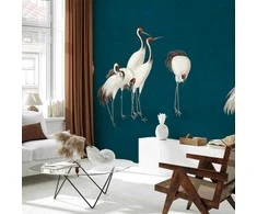 Artgeist Fototapetas - Evening by the pond - a group of cranes drawn in dry pastel on a dark turquoise background