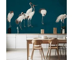 Artgeist Fototapetas - Evening by the pond - a group of cranes drawn in dry pastel on a dark turquoise background