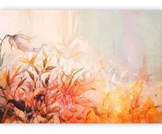 Artgeist Fototapetas - Flaming meadow - nature landscape with meadow of flowers and leaves in watercolour style