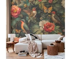 Artgeist Fototapetas - Flowers, birds and butterflies – vintage-style illustration