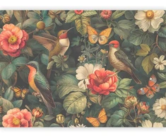 Artgeist Fototapetas - Flowers, birds and butterflies – vintage-style illustration