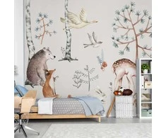 Artgeist Fototapetas - Forest Land With Animals Painted in Watercolours