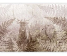 Artgeist Fototapetas - Forest motif - deer with antlers among fern leaves on concrete pattern