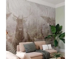 Artgeist Fototapetas - Forest motif - deer with antlers among fern leaves on concrete pattern