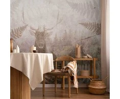 Artgeist Fototapetas - Forest motif - deer with antlers among fern leaves on concrete pattern