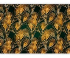 Artgeist Fototapetas - Golden peacock feathers - solid background with bird pattern on žalias background