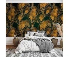 Artgeist Fototapetas - Golden peacock feathers - solid background with bird pattern on žalias background