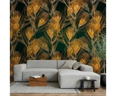 Artgeist Fototapetas - Golden peacock feathers - solid background with bird pattern on žalias background
