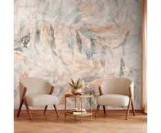 Artgeist Fototapetas - Greek laurels - faded composition with leaves on a beige patterned background