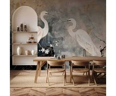 Artgeist Fototapetas - Herons and cherry blossoms - oriental-style illustration depicting birds