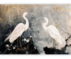 Artgeist Fototapetas - Herons and cherry blossoms - oriental-style illustration depicting birds