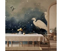 Artgeist Fototapetas - Herons over a winter pond - Japanese-style illustration in dark colours