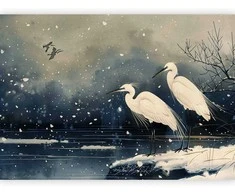 Artgeist Fototapetas - Herons over a winter pond - Japanese-style illustration in dark colours