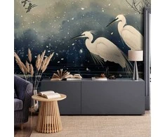Artgeist Fototapetas - Herons over a winter pond - Japanese-style illustration in dark colours