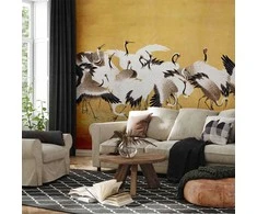 Artgeist Fototapetas - Japanese cranes - a flock of birds against a golden background based on a painting by Ishida Yūtei