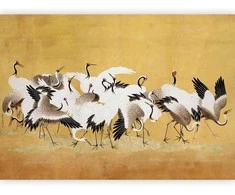 Artgeist Fototapetas - Japanese cranes - a flock of birds against a golden background based on a painting by Ishida Yūtei
