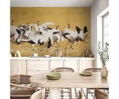 Artgeist Fototapetas - Japanese cranes - a flock of birds against a golden background based on a painting by Ishida Yūtei