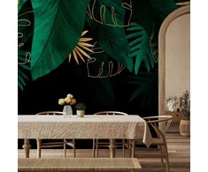 Artgeist Fototapetas - Jungle and composition - motif of žalias and golden leaves on a juodas background