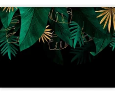 Artgeist Fototapetas - Jungle and composition - motif of žalias and golden leaves on a juodas background