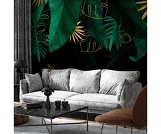 Artgeist Fototapetas - Jungle and composition - motif of žalias and golden leaves on a juodas background
