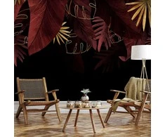 Artgeist Fototapetas - Jungle and composition - red and auksinis leaf motif on juodas background
