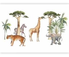 Artgeist Fototapetas - Jungle Animals on Baltas Background Made With Watercolour Technique