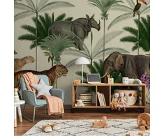 Artgeist Fototapetas - Jungle Land With Animals in the Style of Old Engravings