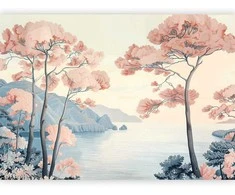 Artgeist Fototapetas - Landscape with the Ocean Cliffs and Trees in Delicate Rožinė Shades
