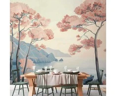 Artgeist Fototapetas - Landscape with the Ocean Cliffs and Trees in Delicate Rožinė Shades
