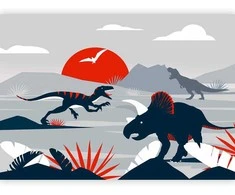 Artgeist Fototapetas - Last dinosaurs with red - abstract landscape for a room