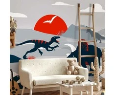 Artgeist Fototapetas - Last dinosaurs with red - abstract landscape for a room
