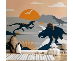 Artgeist Fototapetas - Last dinosaurs with oranžinis - abstract landscape for a room
