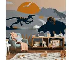 Artgeist Fototapetas - Last dinosaurs with oranžinis - abstract landscape for a room