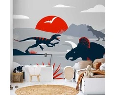 Artgeist Fototapetas - Last dinosaurs with red - abstract landscape for a room