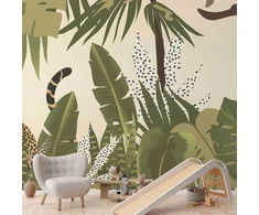 Artgeist Fototapetas - Leaves and Shapes - Jungle in Faded Colours With Animals