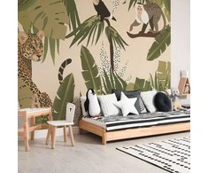 Artgeist Fototapetas - Leaves and Shapes - Jungle in Faded Colours With Animals