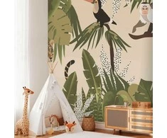 Artgeist Fototapetas - Leaves and Shapes - Jungle in Faded Colours With Animals