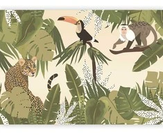 Artgeist Fototapetas - Leaves and Shapes - Jungle in Faded Colours With Animals