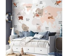 Artgeist Fototapetas - Map in Shades of rusvai gelsvas - Continents With Animals