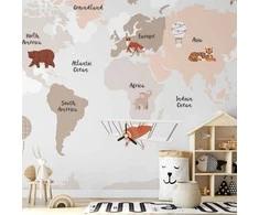 Artgeist Fototapetas - Map in Shades of rusvai gelsvas - Continents With Animals