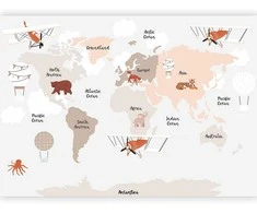 Artgeist Fototapetas - Map in Shades of rusvai gelsvas - Continents With Animals