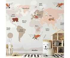 Artgeist Fototapetas - Map in Shades of rusvai gelsvas - Continents With Animals