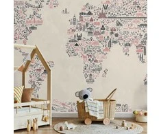 Artgeist Fototapetas - Map With Icons - Cartoon Representation of the World in Pastel Colours