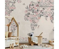 Artgeist Fototapetas - Map With Icons - Cartoon Representation of the World in Pastel Colours