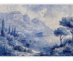 Artgeist Fototapetas - Mėlyna Bay - Italian landscape of Lake Como painted with mėlynas ink