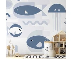 Artgeist Fototapetas - Minimalist ocean - geometric fish and crabs in water for kids