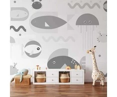 Artgeist Fototapetas - Minimalist pilkas ocean - geometric fish in water for children