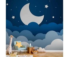Artgeist Fototapetas - Moon dream - clouds on a dark mėlynas sky with stars for children