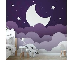 Artgeist Fototapetas - Moon dream - clouds in a violetinė sky with stars for children