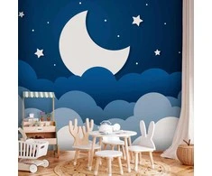 Artgeist Fototapetas - Moon dream - clouds on a dark mėlynas sky with stars for children